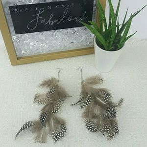 Taupe and polka dot feather earrings